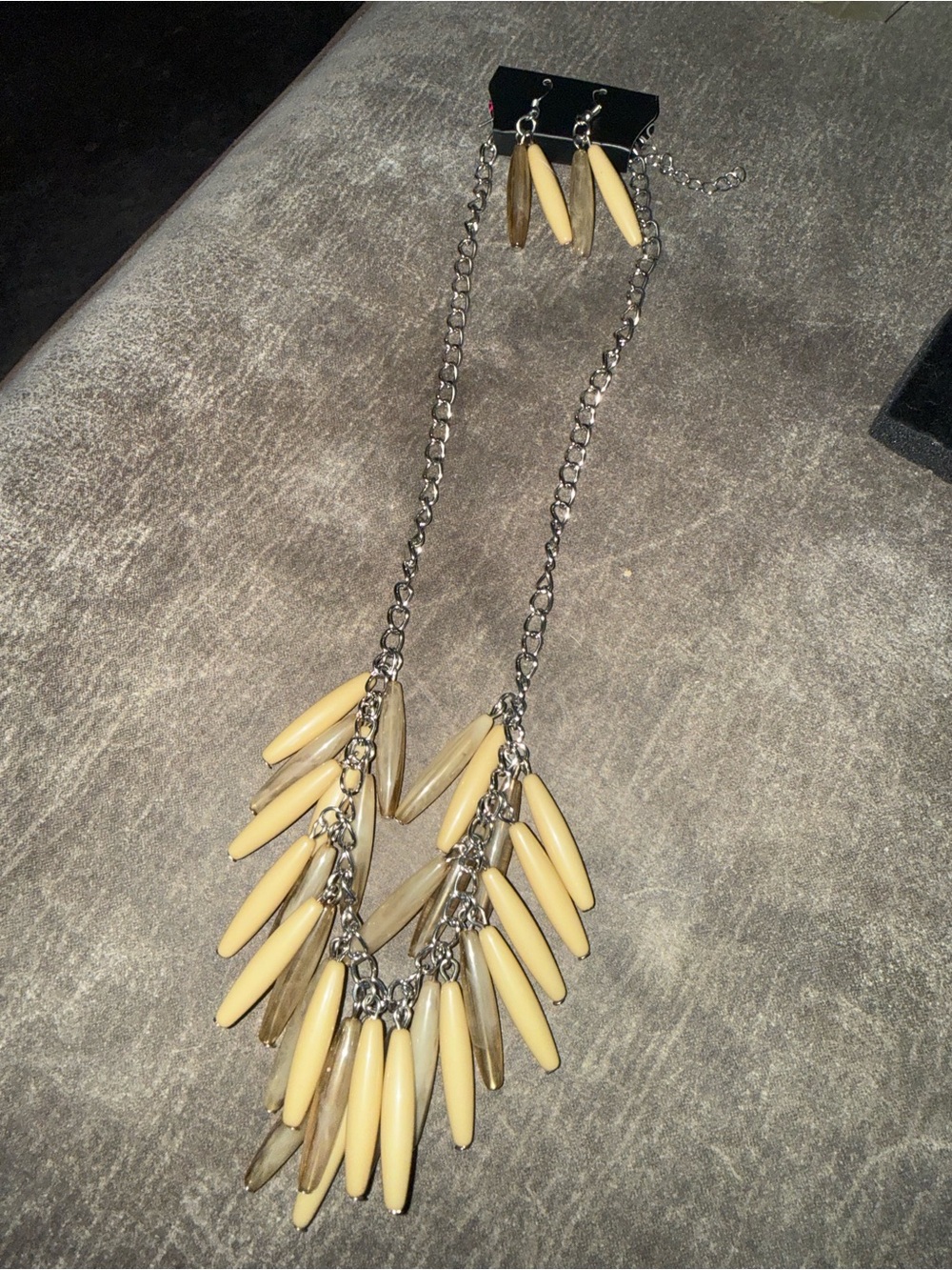 Cream and Tan Dangle Bead Necklace on Silver Chain
